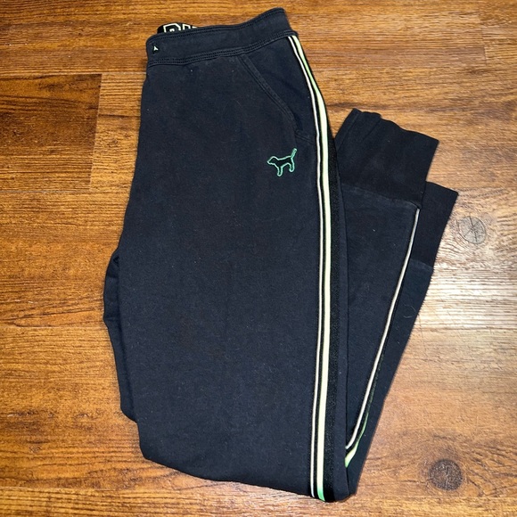 PINK Victoria's Secret Pants - PINK Victoria's Secret Y2K Black Joggers Neon Green Logo Contrast Stripes Size S